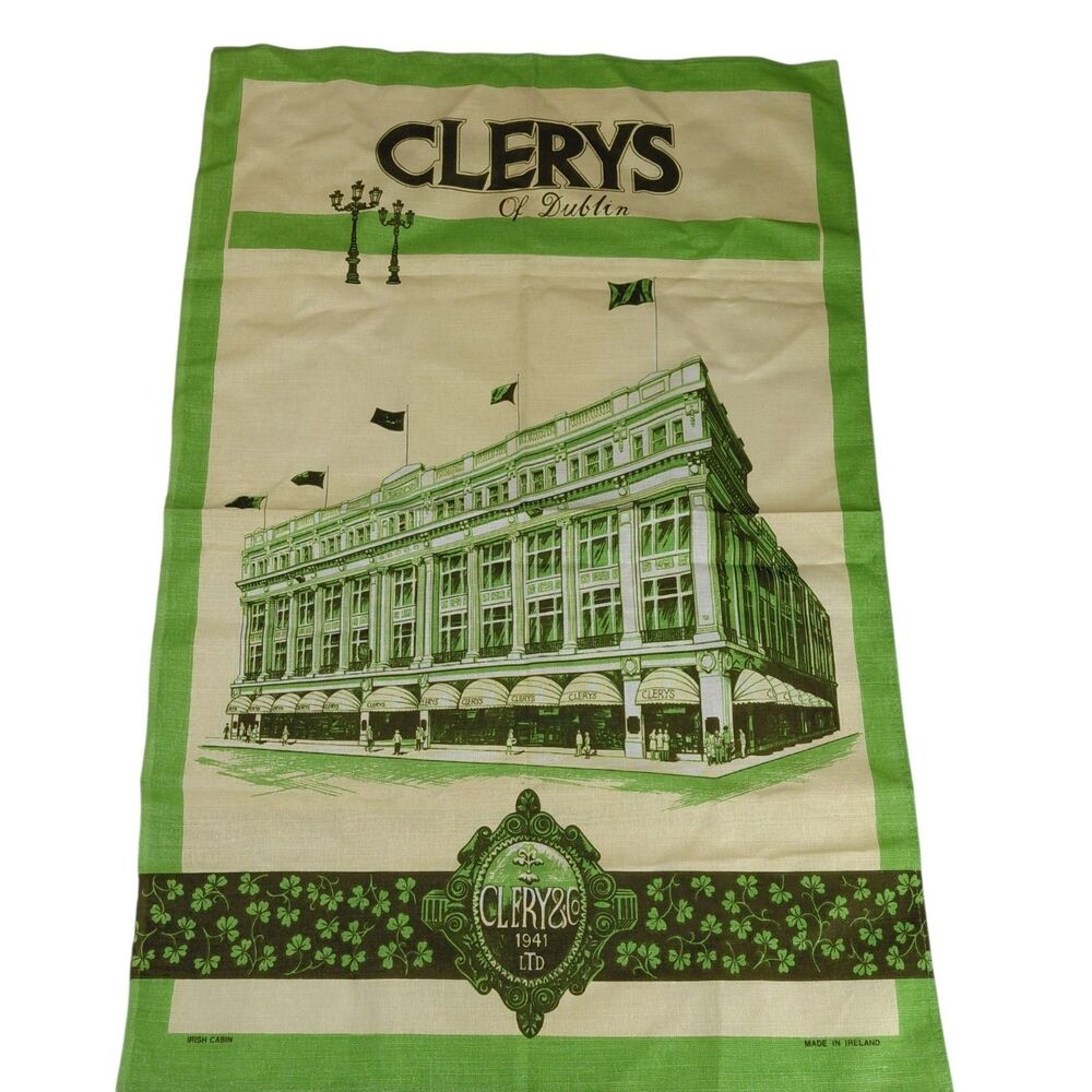 Vtg Clerys of Dublin Ireland Tea Towel Kitchen Bar Shamrocks Irish 29x19" Decor
